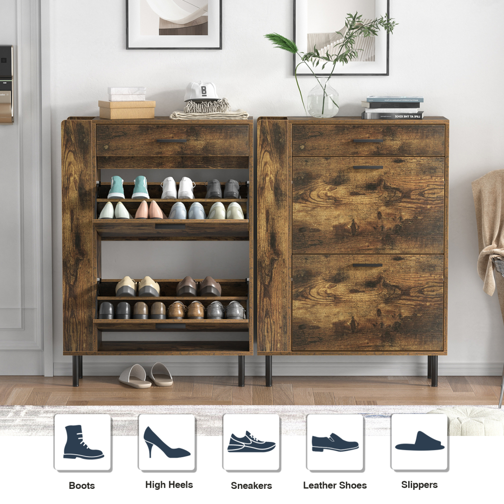 Anmytek White Shoe Cabinet with 2 Flip Drawers, Freestanding Shoe Rack Storage Organizer