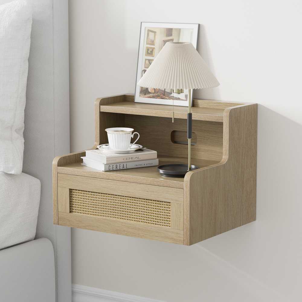 Anmytek Floating Nightstand Set of 2 with Drawer & Open Shelf, Small Bedside Table for Bedroom