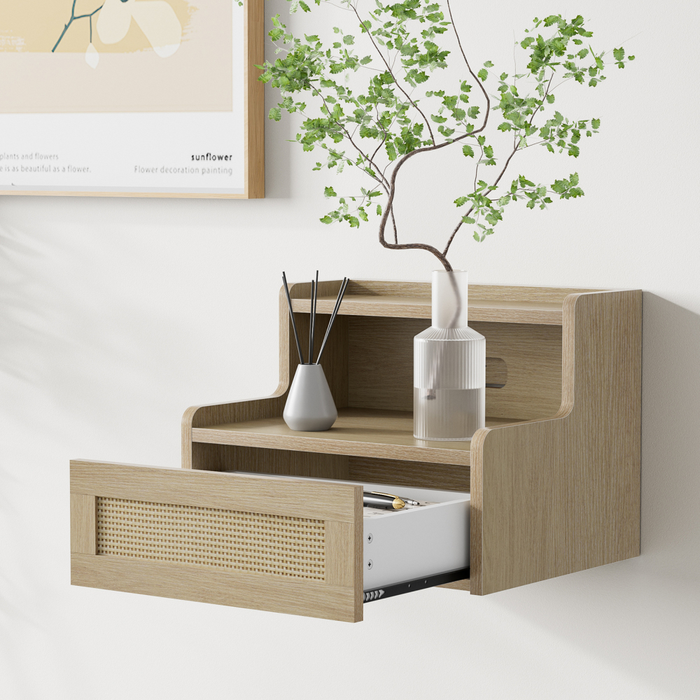 Anmytek Floating Nightstand Set of 2 with Drawer & Open Shelf, Small Bedside Table for Bedroom