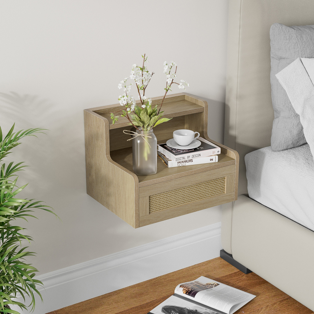 Anmytek Floating Nightstand Set of 2 with Drawer & Open Shelf, Small Bedside Table for Bedroom