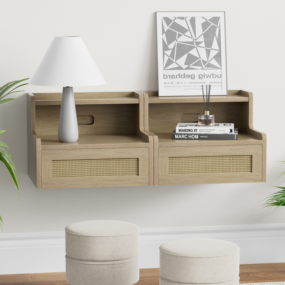 Anmytek Floating Nightstand Set of 2 with Drawer & Open Shelf, Small Bedside Table for Bedroom