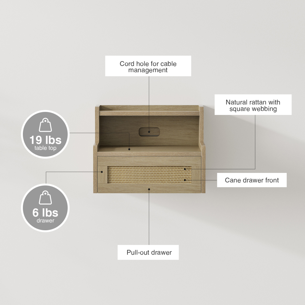 Anmytek Floating Nightstand Set of 2 with Drawer & Open Shelf, Small Bedside Table for Bedroom