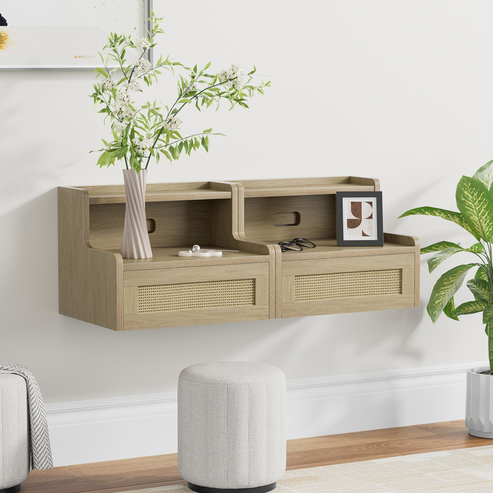 Anmytek Floating Nightstand Set of 2 with Drawer & Open Shelf, Small Bedside Table for Bedroom