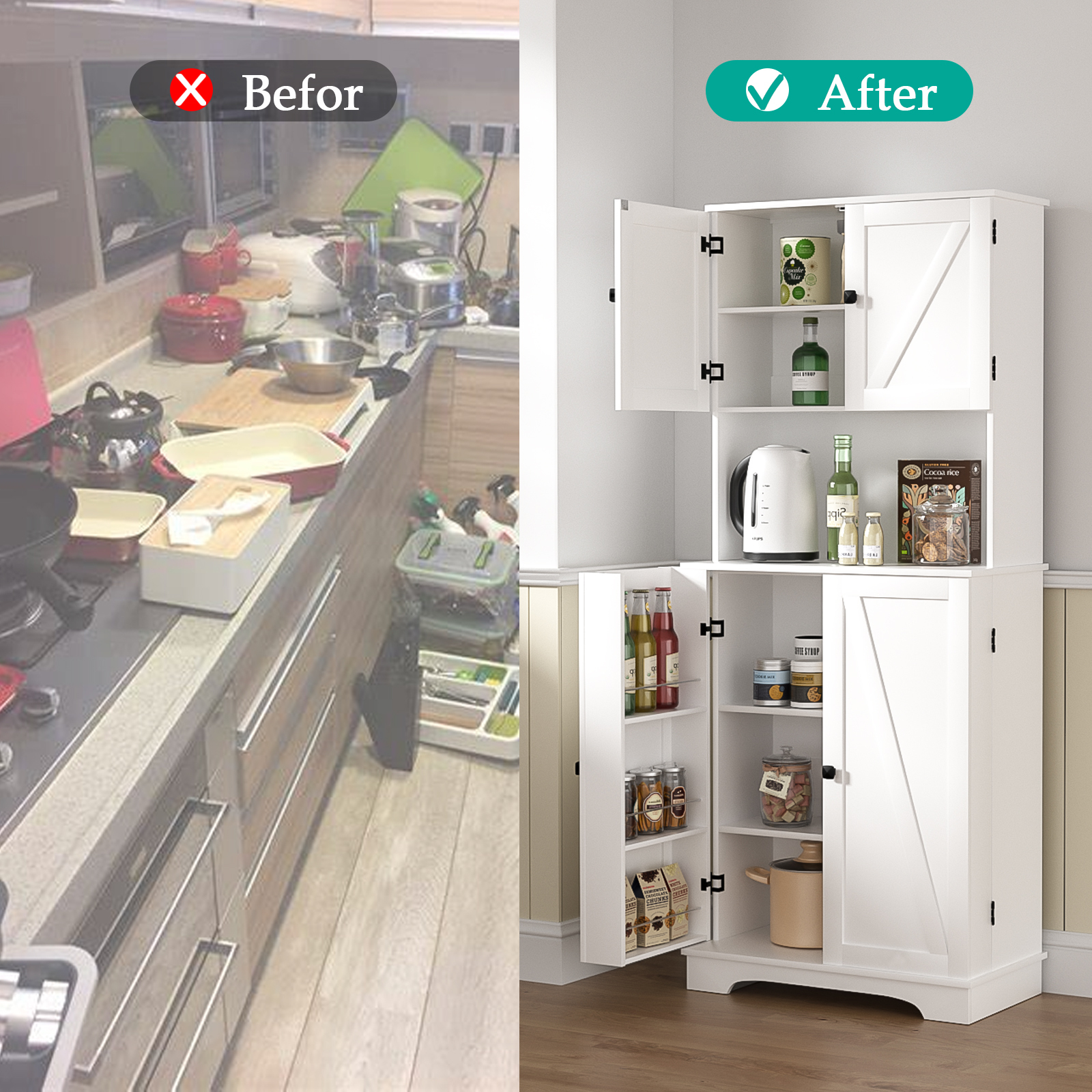 Anmytek 71" Tall Kitchen Pantry Storage Cabinet, Modern Food Pantry Cupboard