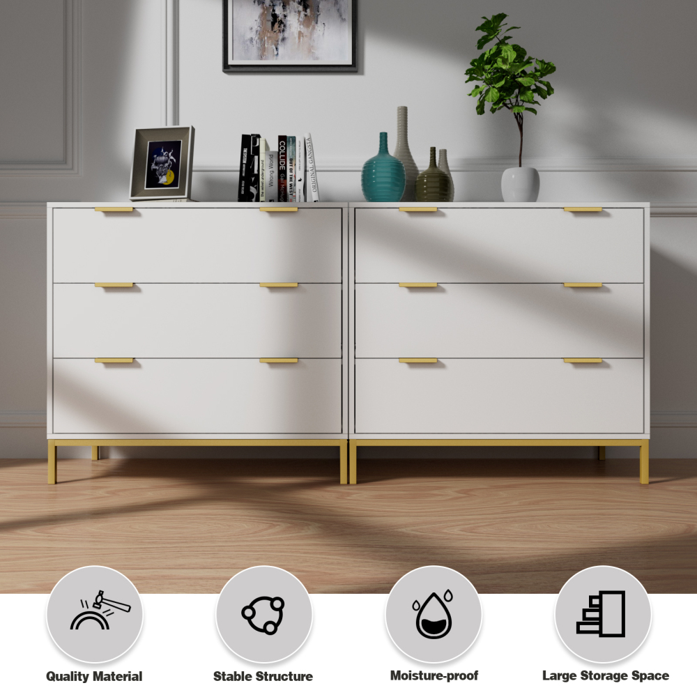 Anmytek Set of 2 White Dresser for Bedroom with Deep Drawers, 3 Drawer Dresser with Spacious Storage