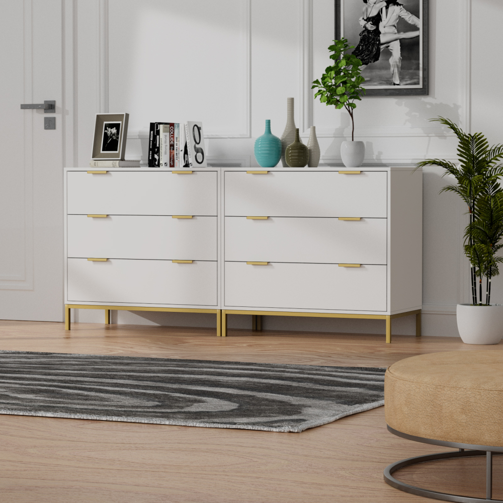 Anmytek Set of 2 White Dresser for Bedroom with Deep Drawers, 3 Drawer Dresser with Spacious Storage