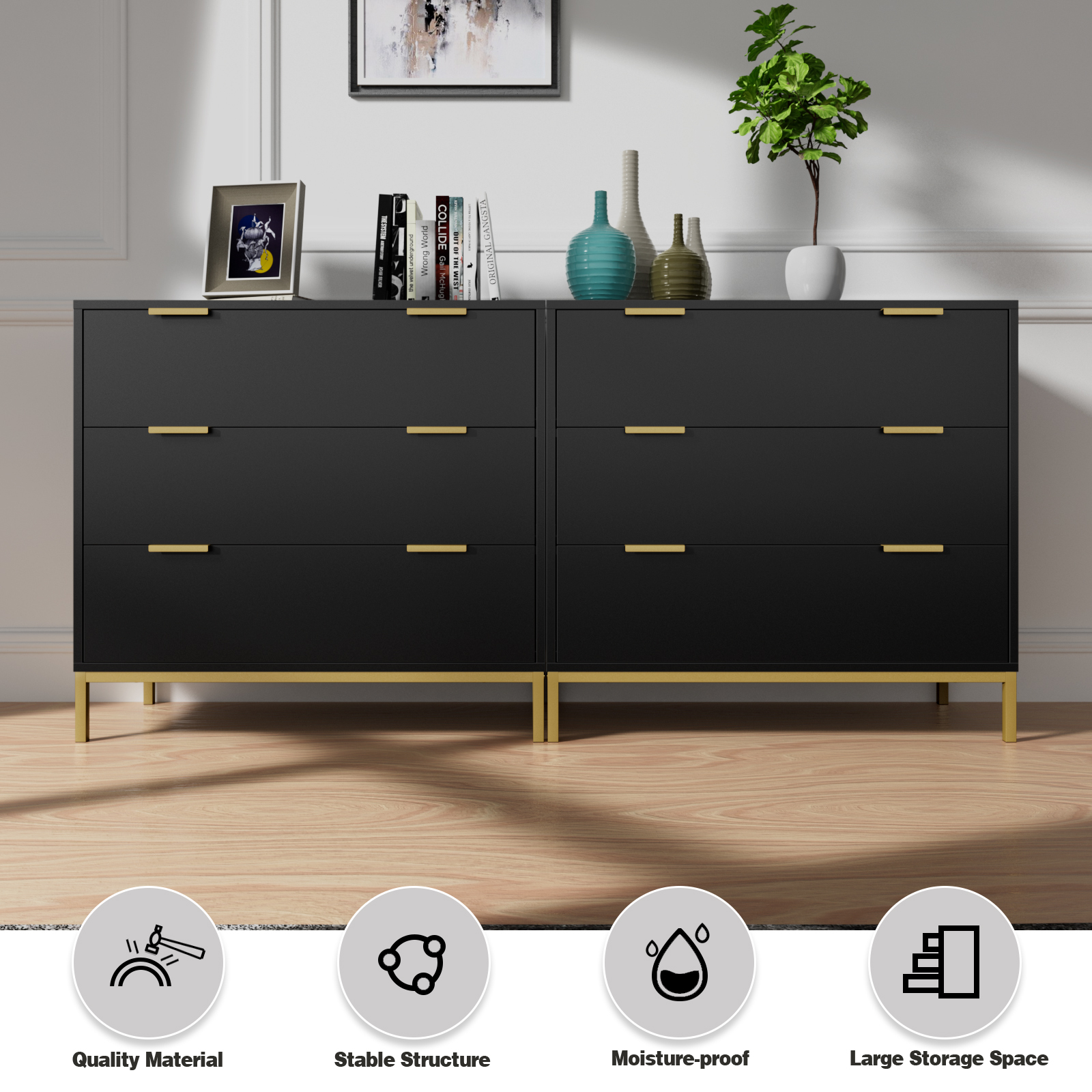 Anmytek Set of 2 Black Dresser for Bedroom, 3 Drawer Dresser with Spacious Storage
