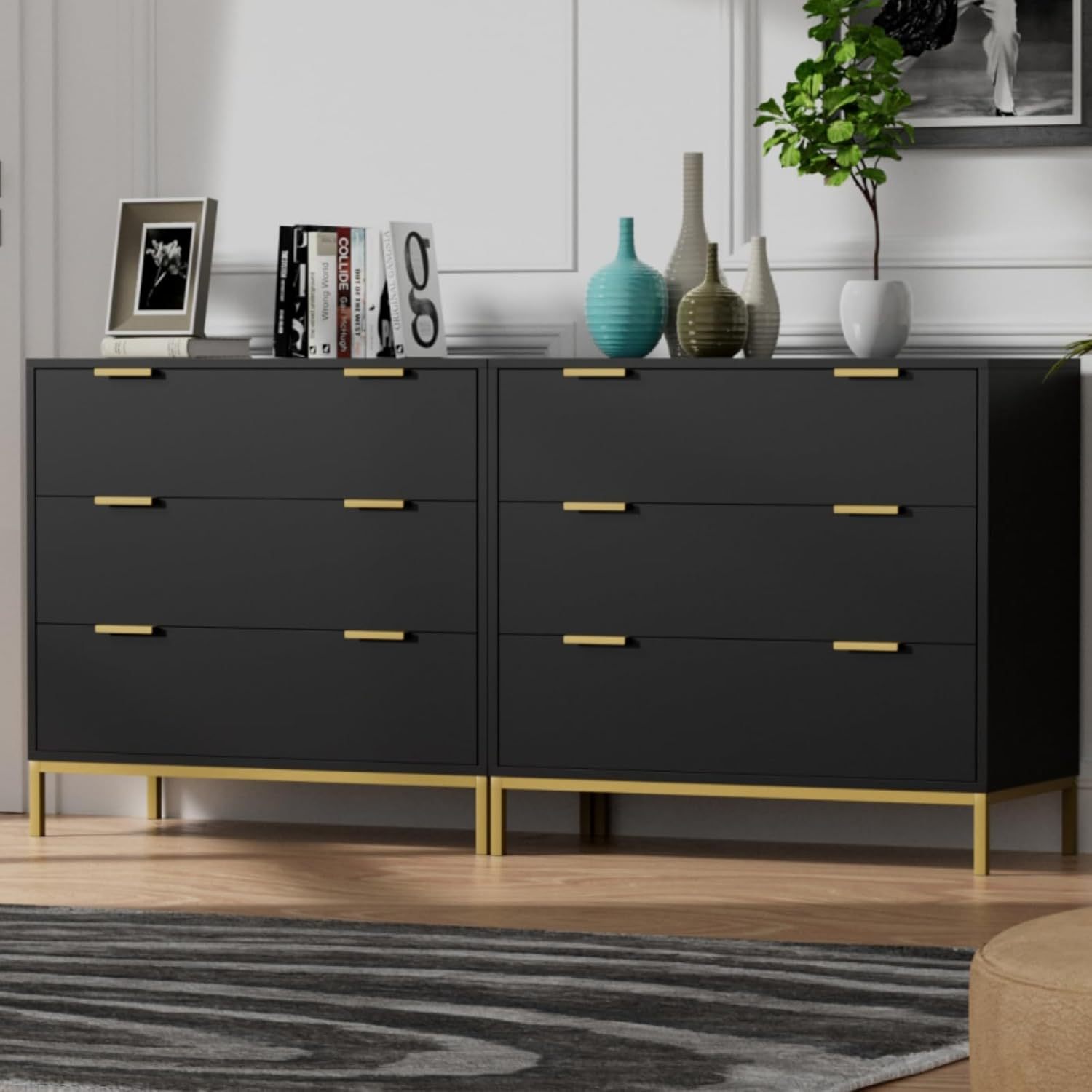 Anmytek Set of 2 Black Dresser for Bedroom, 3 Drawer Dresser with Spacious Storage