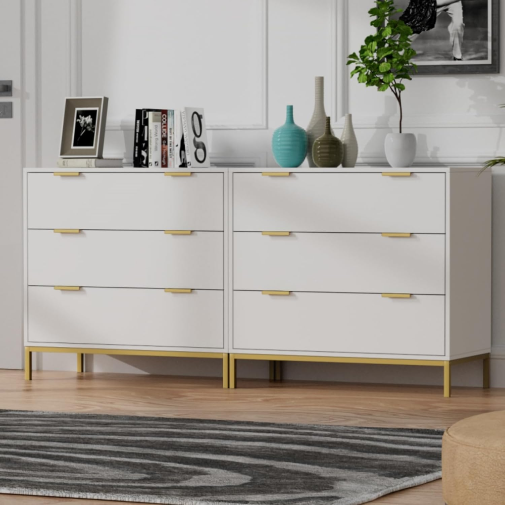 Anmytek Set of 2 White Dresser for Bedroom with Deep Drawers, 3 Drawer Dresser with Spacious Storage