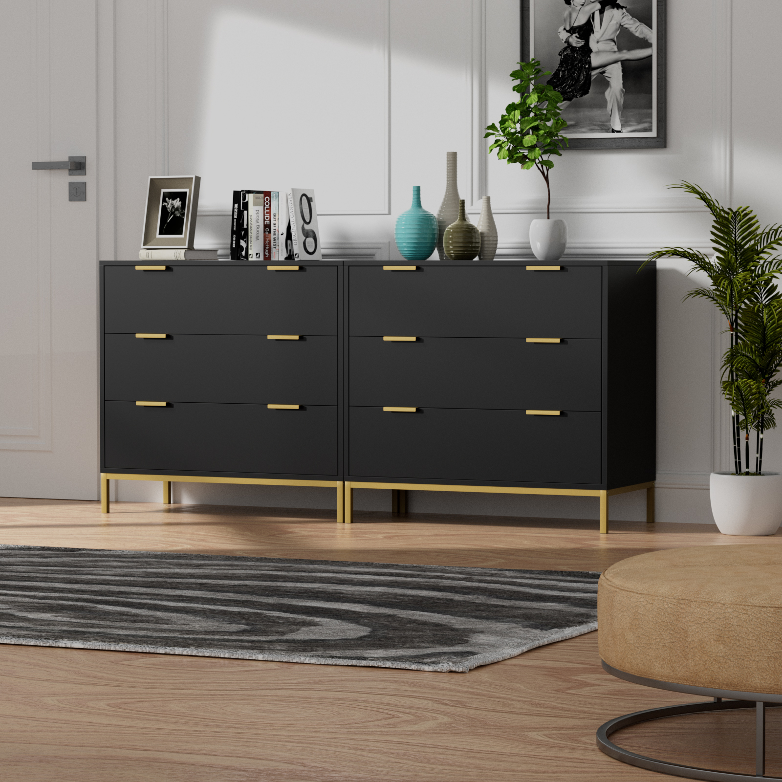 Anmytek Set of 2 Black Dresser for Bedroom, 3 Drawer Dresser with Spacious Storage