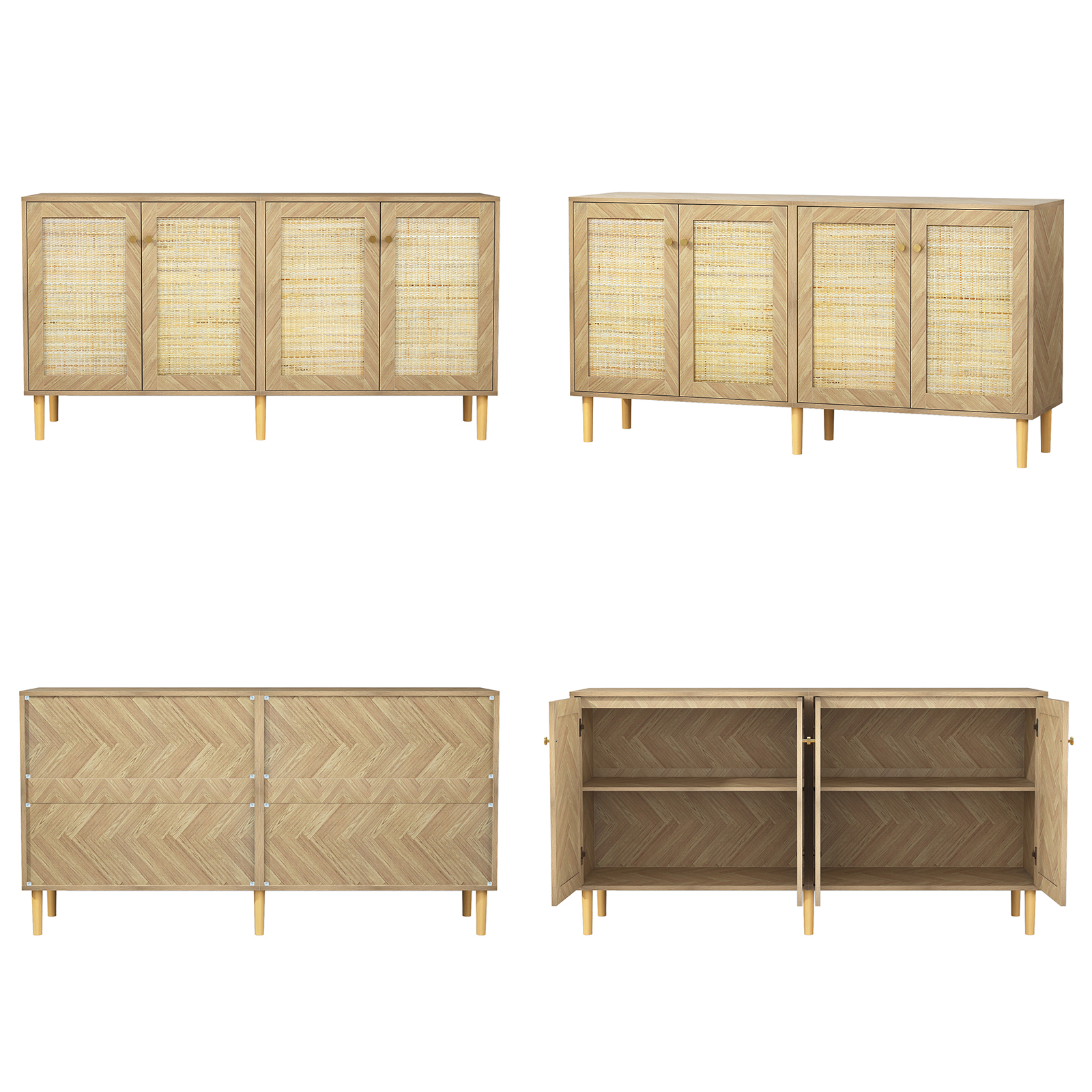 Anmytek 63''W Rattan Sideboard Buffet Cabinet with 4 Doors, Large Kitchen Storage Cabinet Wood Sideboard