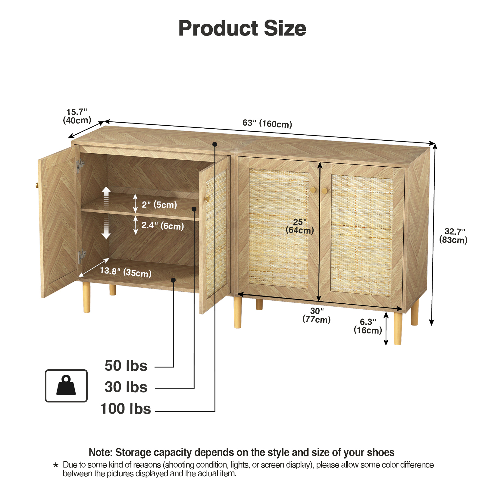 Anmytek 63''W Rattan Sideboard Buffet Cabinet with 4 Doors, Large Kitchen Storage Cabinet Wood Sideboard