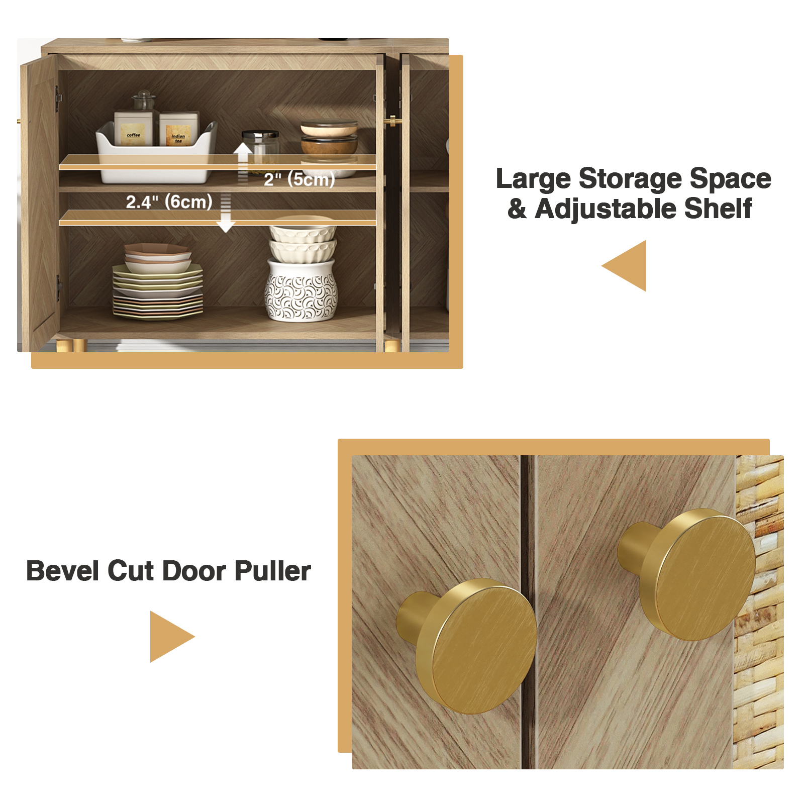 Anmytek 63''W Rattan Sideboard Buffet Cabinet with 4 Doors, Large Kitchen Storage Cabinet Wood Sideboard
