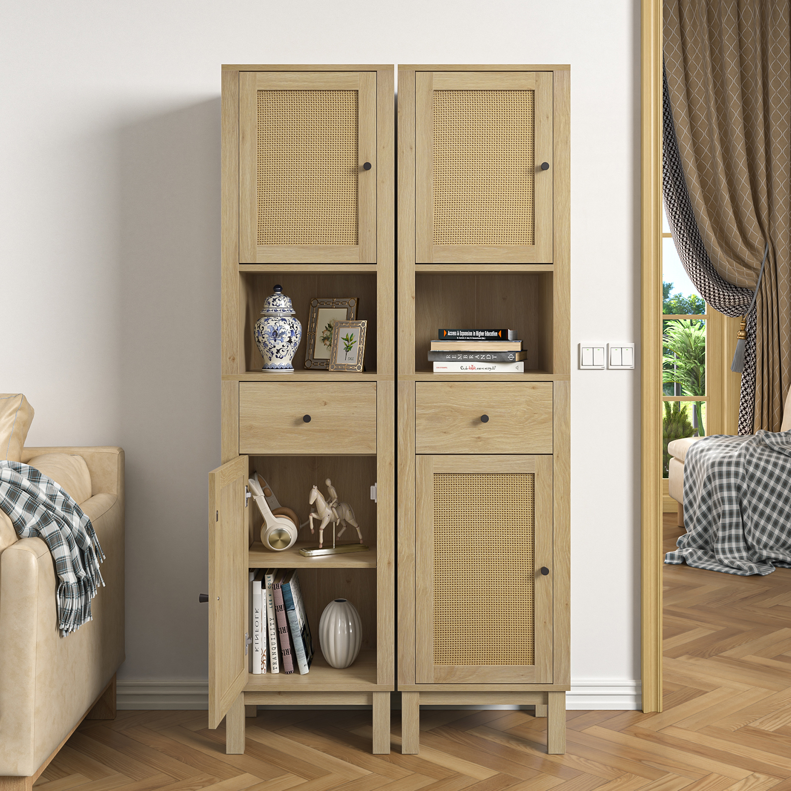 Anmytek 63" Tall Bathroom Storage Cabinet, Rattan Narrow Storage Cabinet with Drawer & Adjustable Shelves