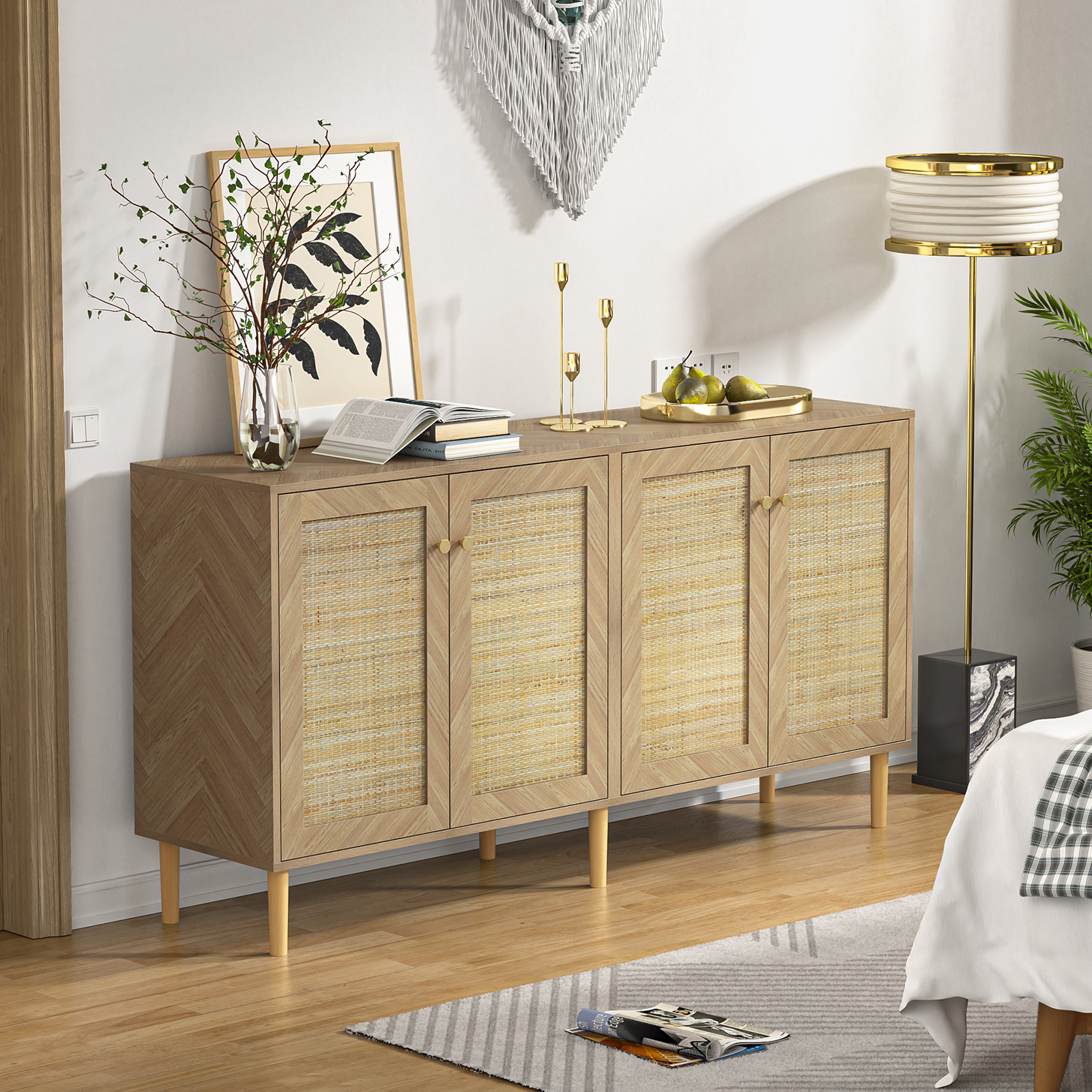 Anmytek 63''W Rattan Sideboard Buffet Cabinet with 4 Doors, Large Kitchen Storage Cabinet Wood Sideboard