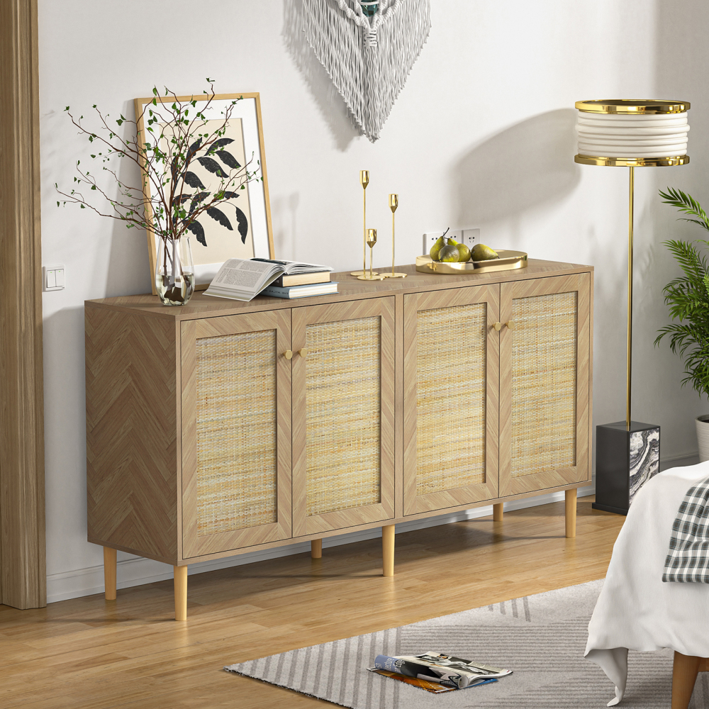 Anmytek 63''W Rattan Sideboard Buffet Cabinet with 4 Doors, Large Kitchen Storage Cabinet Wood Sideboard