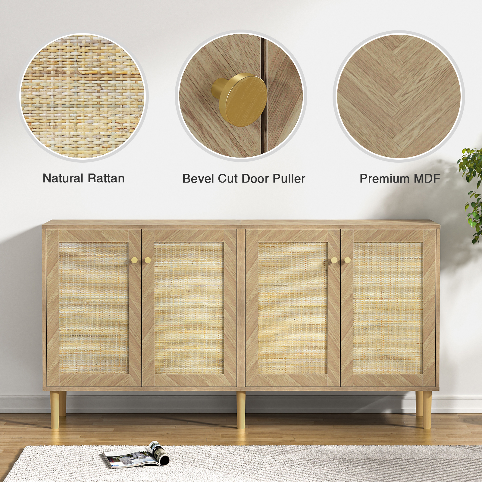 Anmytek 63''W Rattan Sideboard Buffet Cabinet with 4 Doors, Large Kitchen Storage Cabinet Wood Sideboard