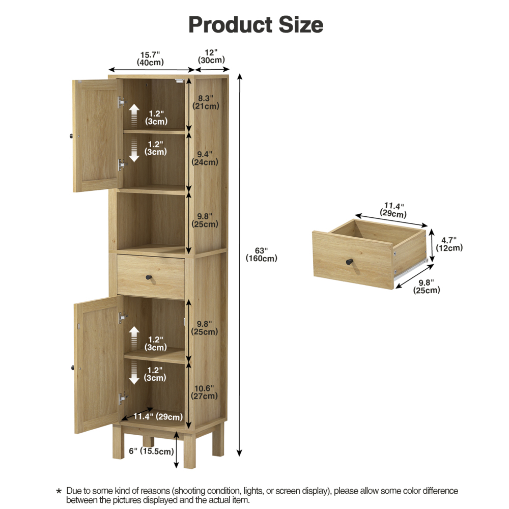 Anmytek 63" Tall Bathroom Storage Cabinet, Rattan Narrow Storage Cabinet with Drawer & Adjustable Shelves