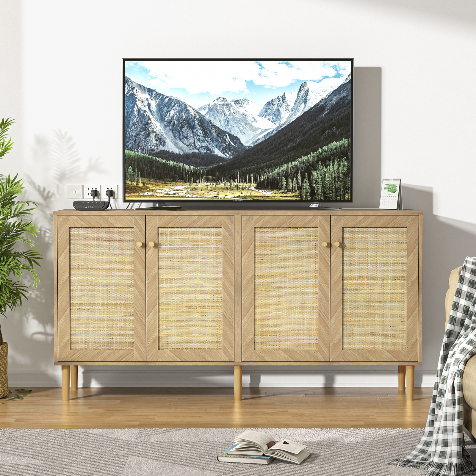 Anmytek 63''W Rattan Sideboard Buffet Cabinet with 4 Doors, Large Kitchen Storage Cabinet Wood Sideboard