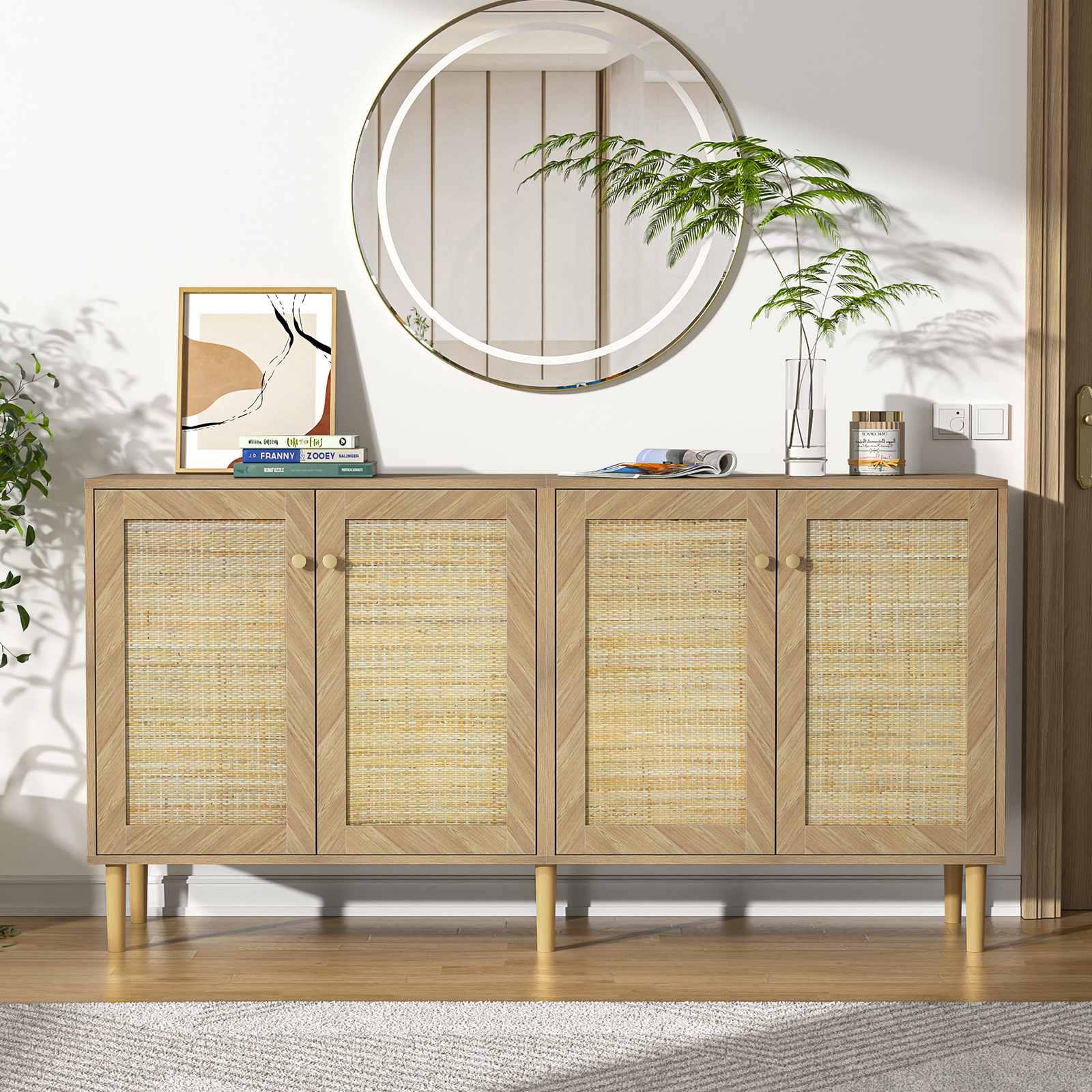 Anmytek 63''W Rattan Sideboard Buffet Cabinet with 4 Doors, Large Kitchen Storage Cabinet Wood Sideboard