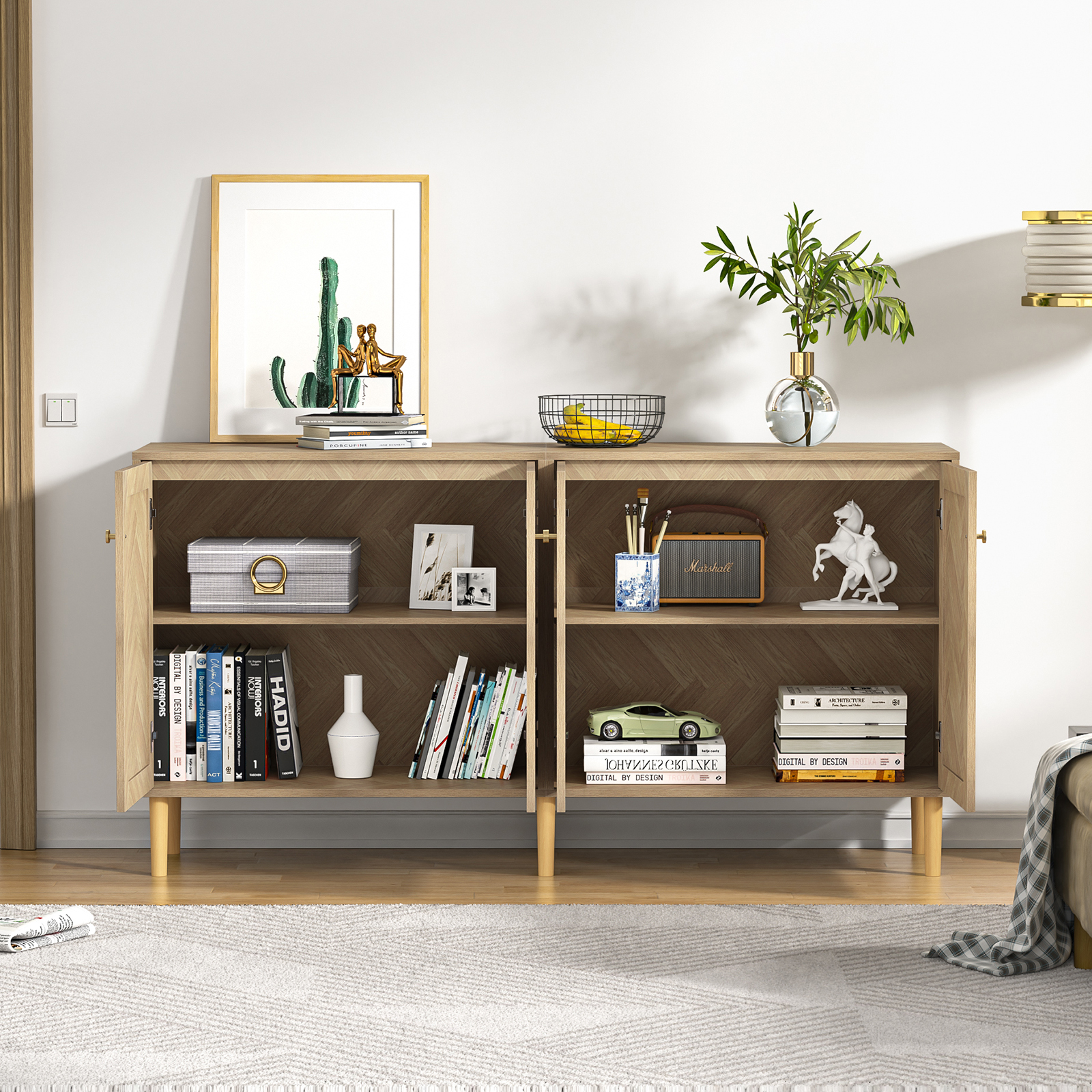 Anmytek 63''W Rattan Sideboard Buffet Cabinet with 4 Doors, Large Kitchen Storage Cabinet Wood Sideboard