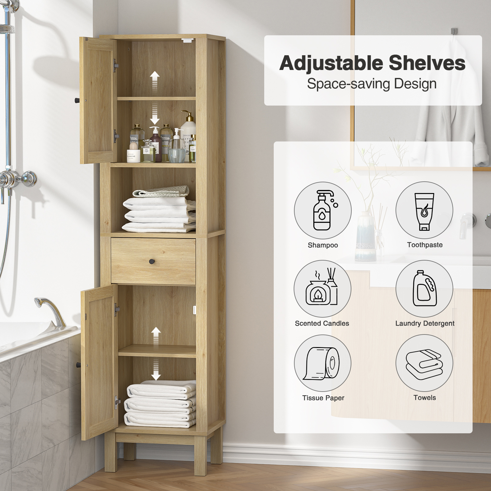 Anmytek 63" Tall Bathroom Storage Cabinet, Rattan Narrow Storage Cabinet with Drawer & Adjustable Shelves