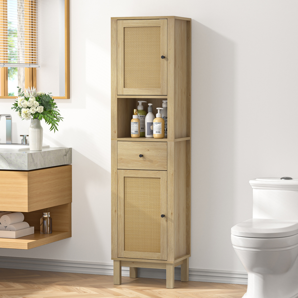 Anmytek 63" Tall Bathroom Storage Cabinet, Rattan Narrow Storage Cabinet with Drawer & Adjustable Shelves