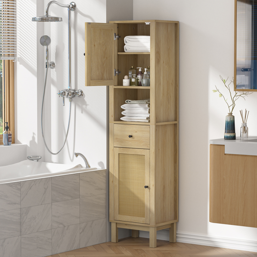 Anmytek 63" Tall Bathroom Storage Cabinet, Rattan Narrow Storage Cabinet with Drawer & Adjustable Shelves