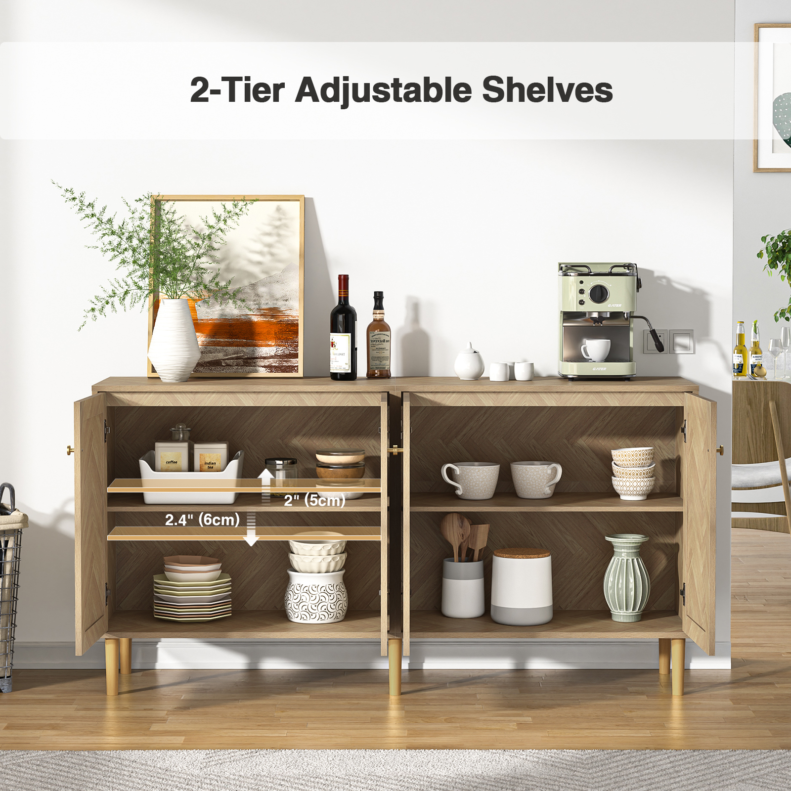 Anmytek 63''W Rattan Sideboard Buffet Cabinet with 4 Doors, Large Kitchen Storage Cabinet Wood Sideboard