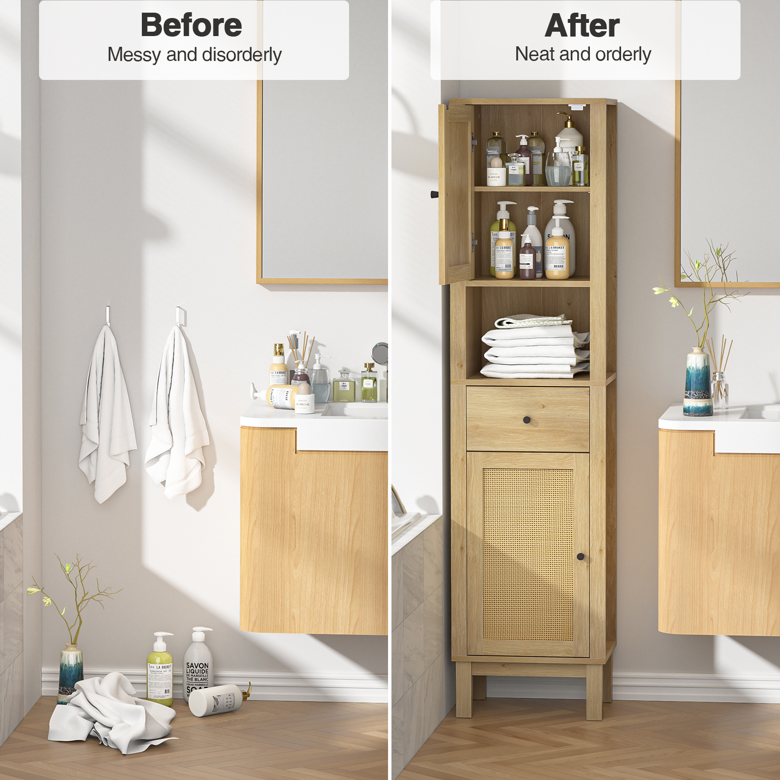 Anmytek 63" Tall Bathroom Storage Cabinet, Rattan Narrow Storage Cabinet with Drawer & Adjustable Shelves