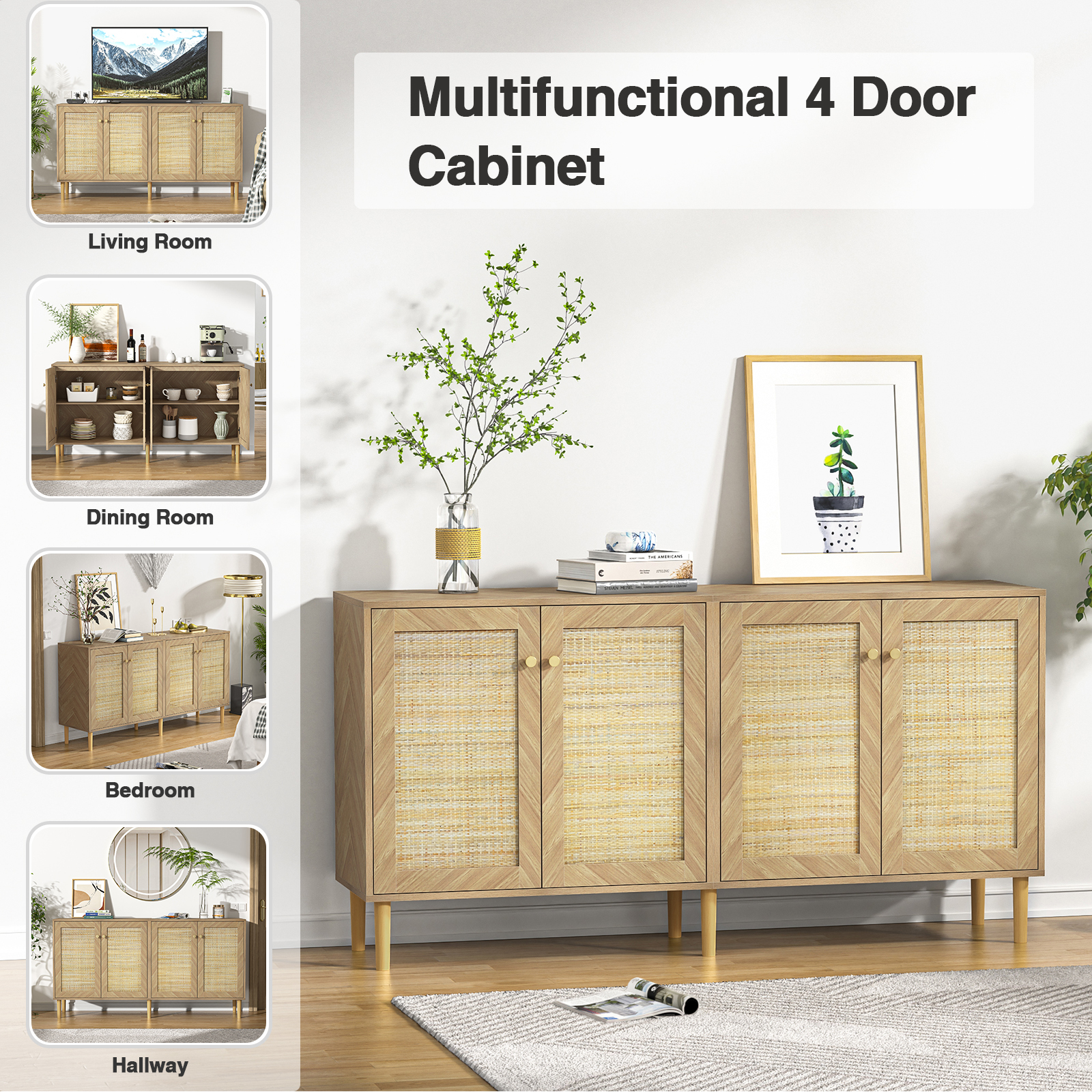 Anmytek 63''W Rattan Sideboard Buffet Cabinet with 4 Doors, Large Kitchen Storage Cabinet Wood Sideboard