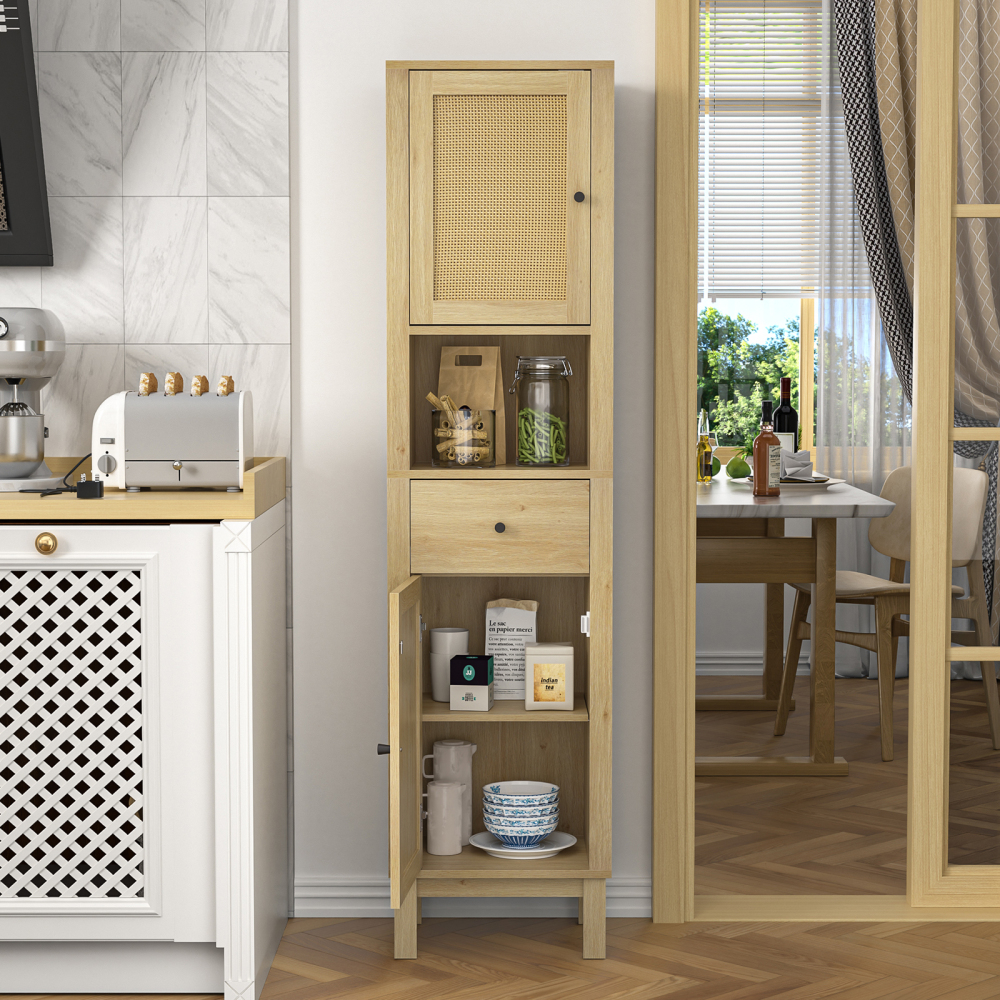 Anmytek 63" Tall Bathroom Storage Cabinet, Rattan Narrow Storage Cabinet with Drawer & Adjustable Shelves