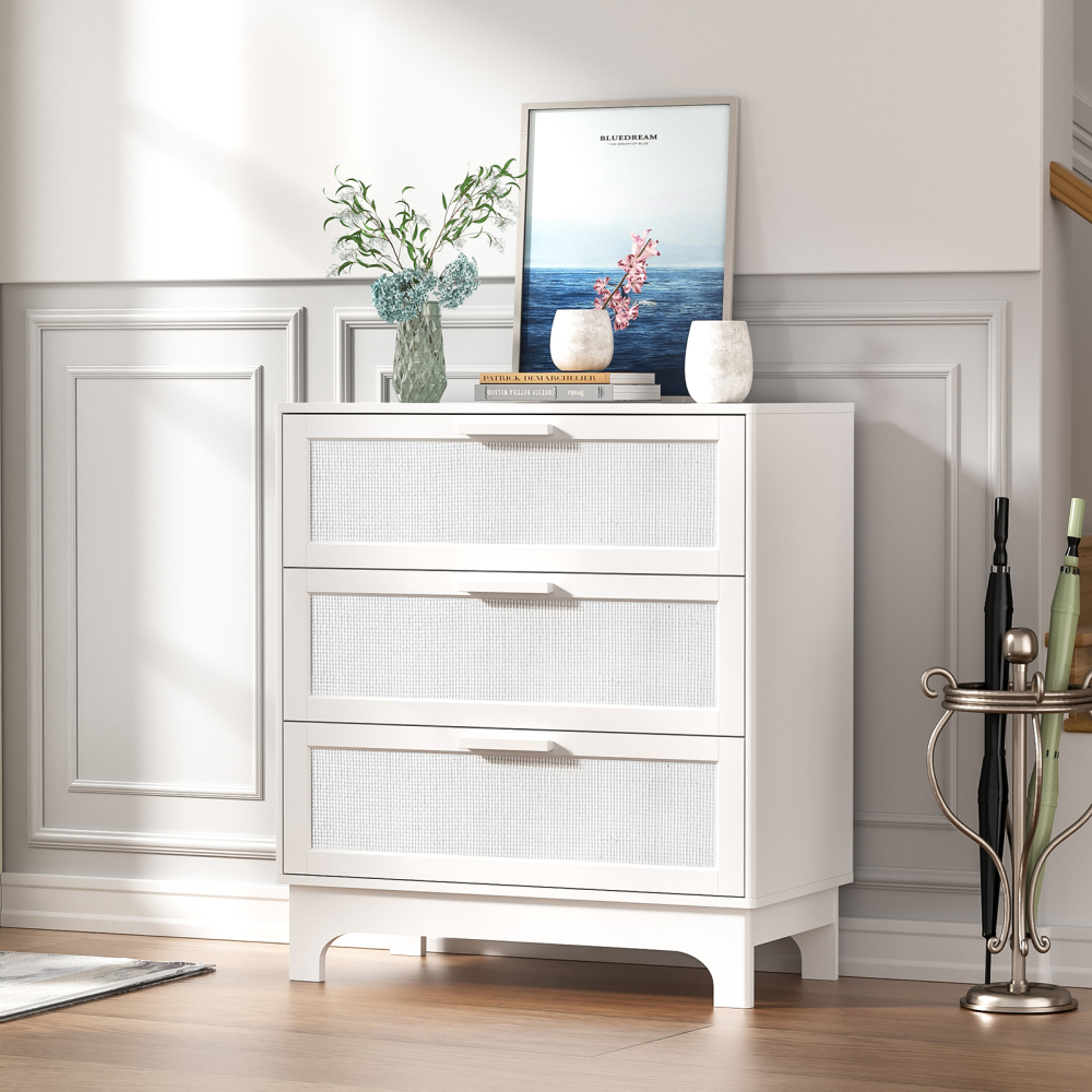 Anmytek 35" H White Rattan Dresser, Farmhouse 3 Drawer Dresser with Natural Rattan Chests for Bedroom