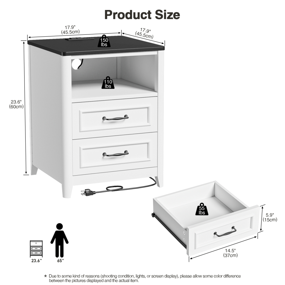 Anmytek Nightstand wtih Charging Station, Farmhouse End Table with 2 Drawers Storage