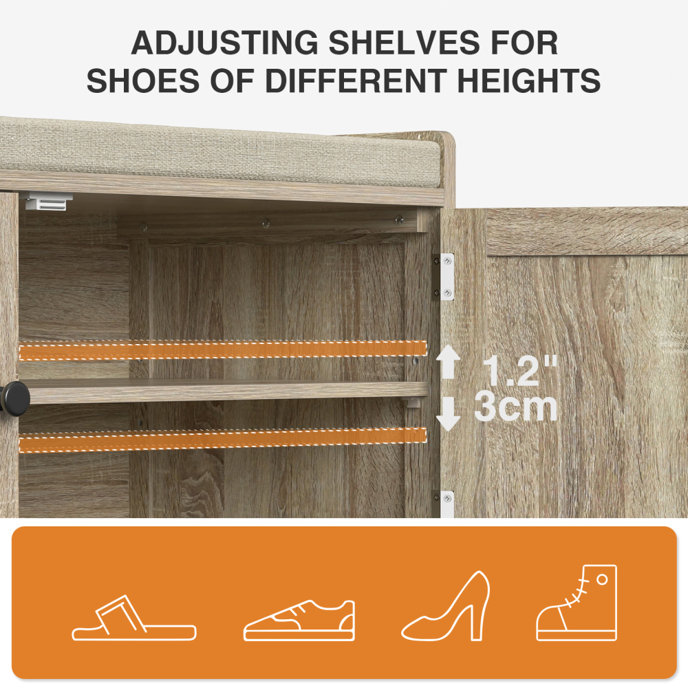 Anmytek Rattan Shoe Bench, Entryway Bench with Shoe Storage, Wooden Shoe Rack Bench with Cushion Seat