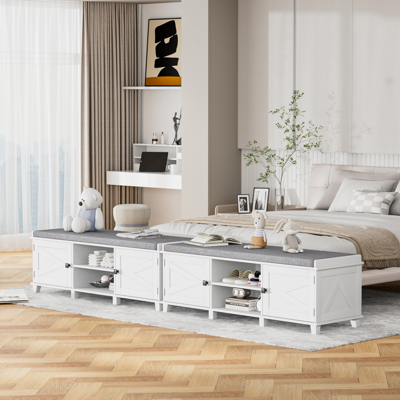 Anmytek Farmhouse White Shoe Storage Bench with Cushion Seat, Wood Storage Bench for Entryways