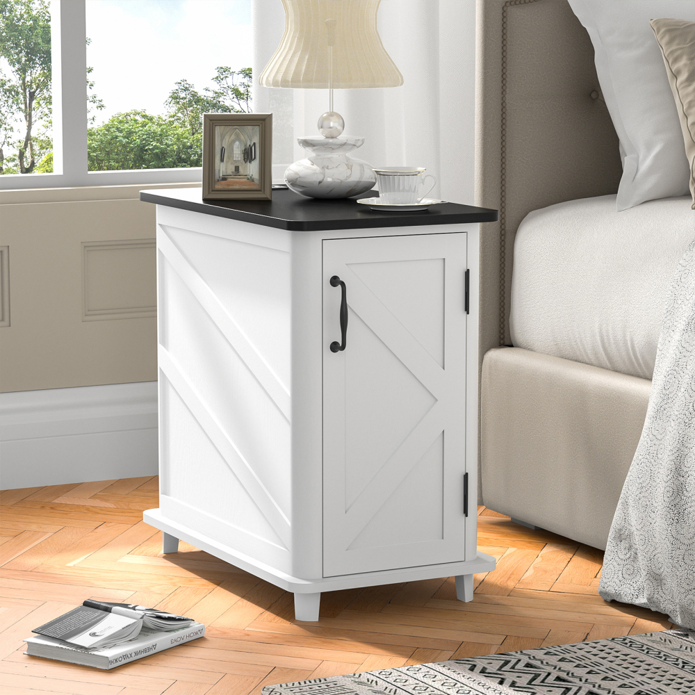 Anmytek Nightstand with Charging Station, Farmhouse End Table, Wood Side Table for Bedroom