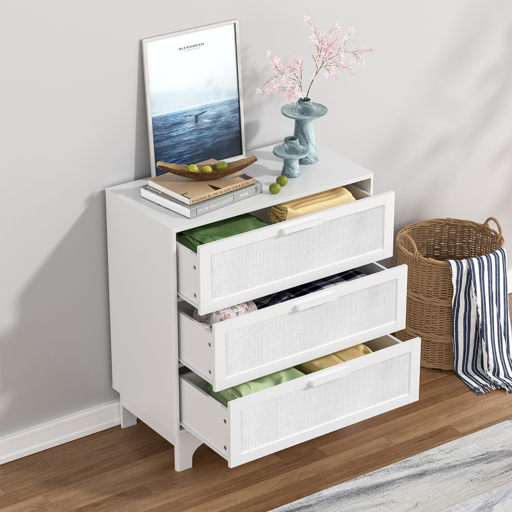 Anmytek 35" H White Rattan Dresser, Farmhouse 3 Drawer Dresser with Natural Rattan Chests for Bedroom