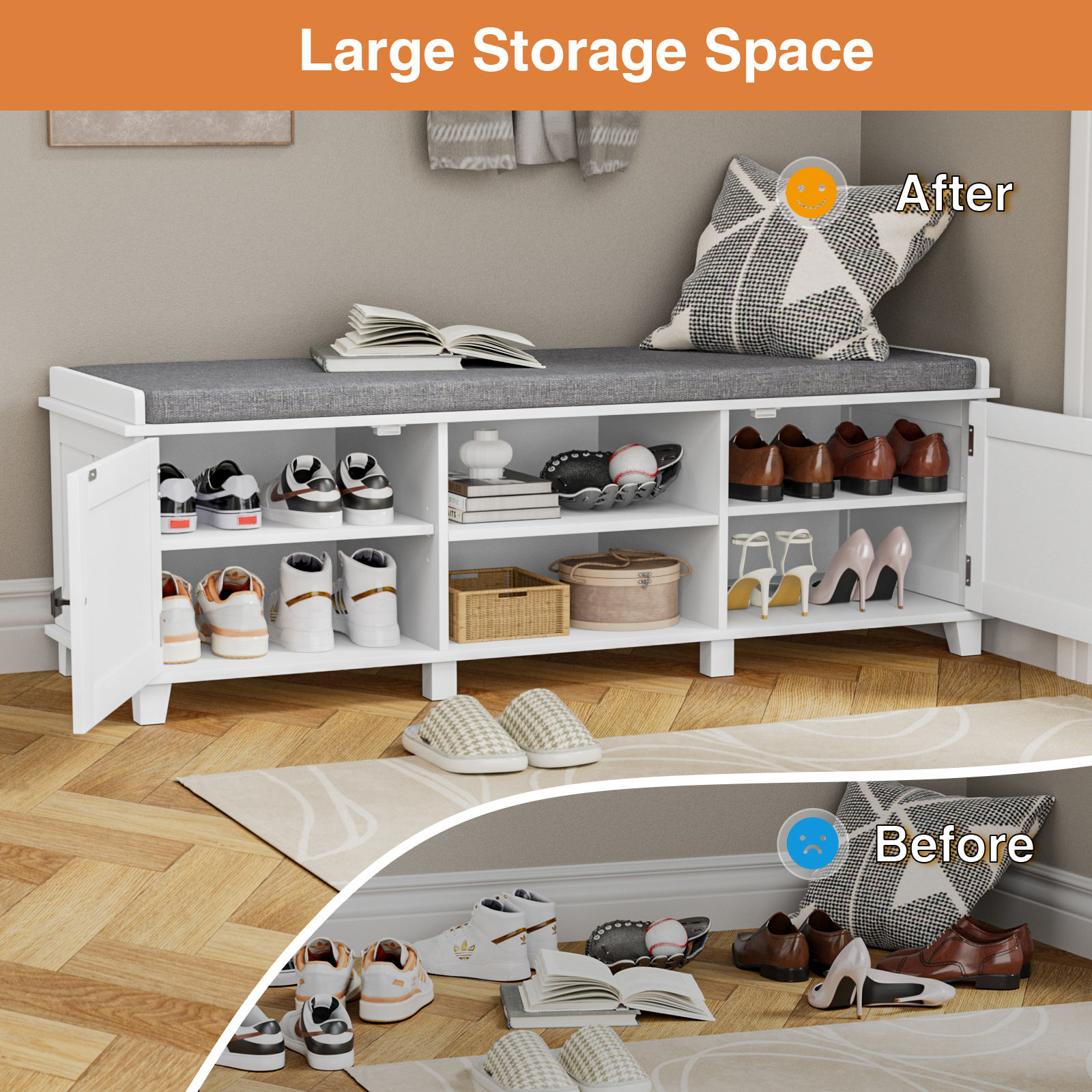 Anmytek Farmhouse White Shoe Storage Bench with Cushion Seat, Wood Storage Bench for Entryways