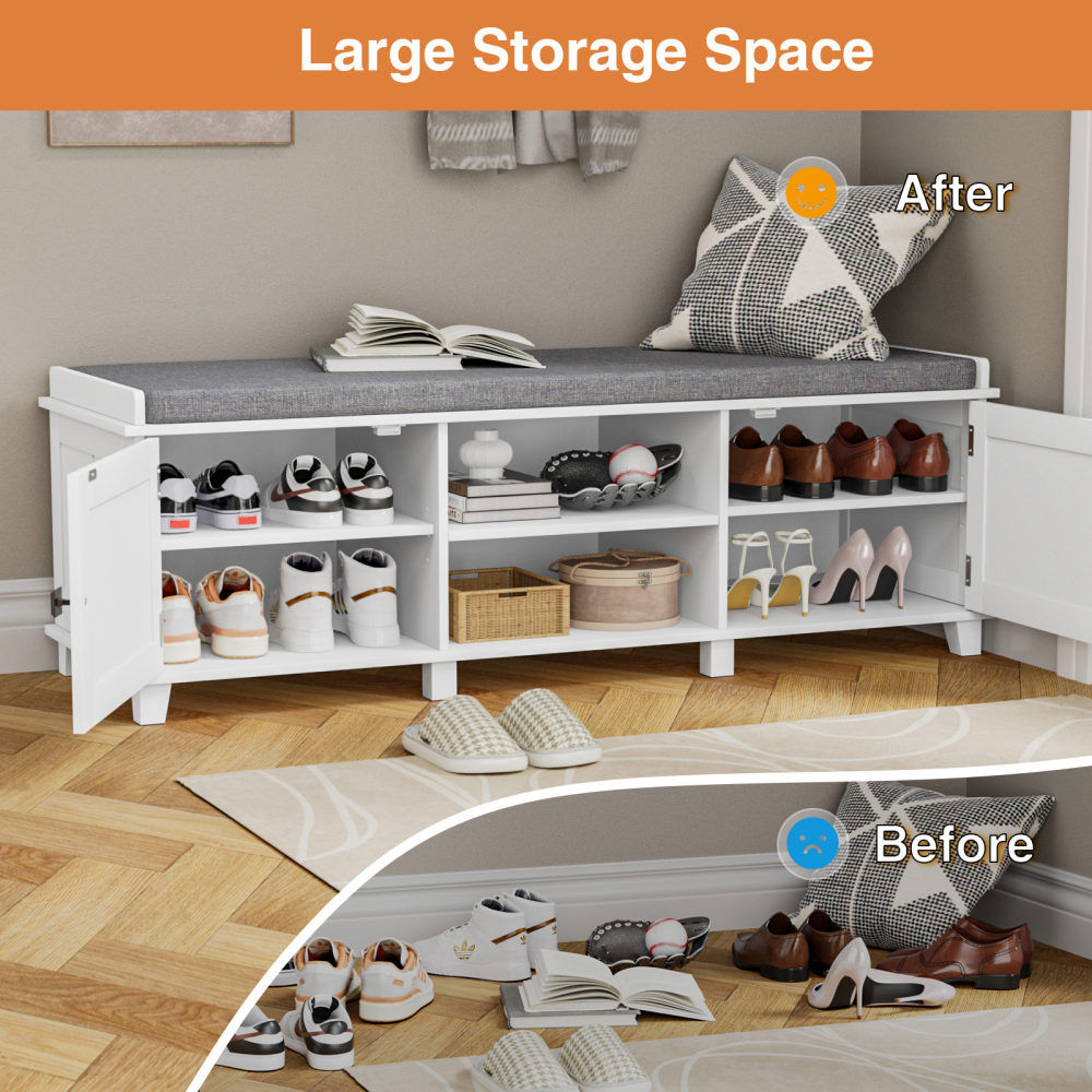 Anmytek Farmhouse White Shoe Storage Bench with Cushion Seat, Wood Storage Bench for Entryways
