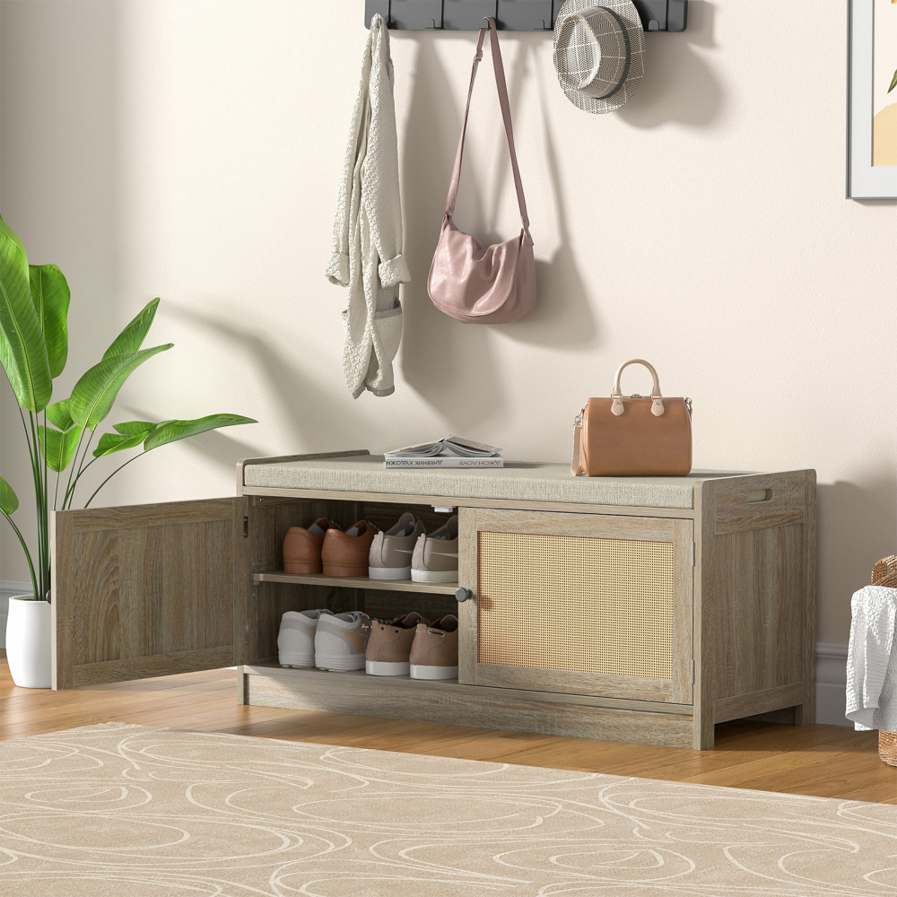 Anmytek Rattan Shoe Bench, Entryway Bench with Shoe Storage, Wooden Shoe Rack Bench with Cushion Seat