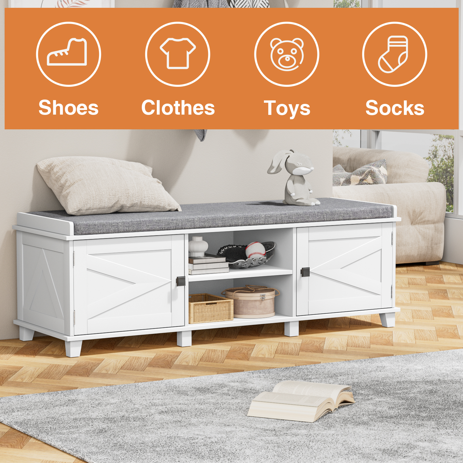 Anmytek Farmhouse White Shoe Storage Bench with Cushion Seat, Wood Storage Bench for Entryways