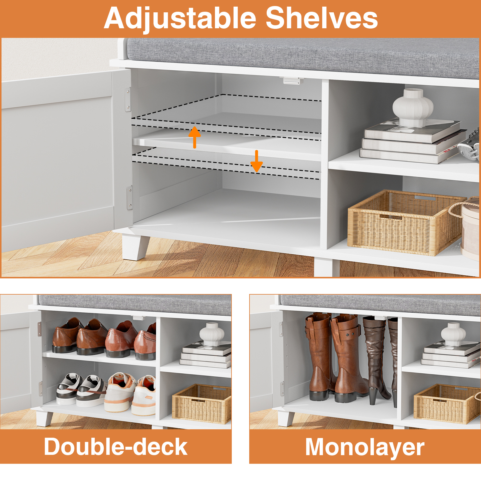 Anmytek Farmhouse White Shoe Storage Bench with Cushion Seat, Wood Storage Bench for Entryways