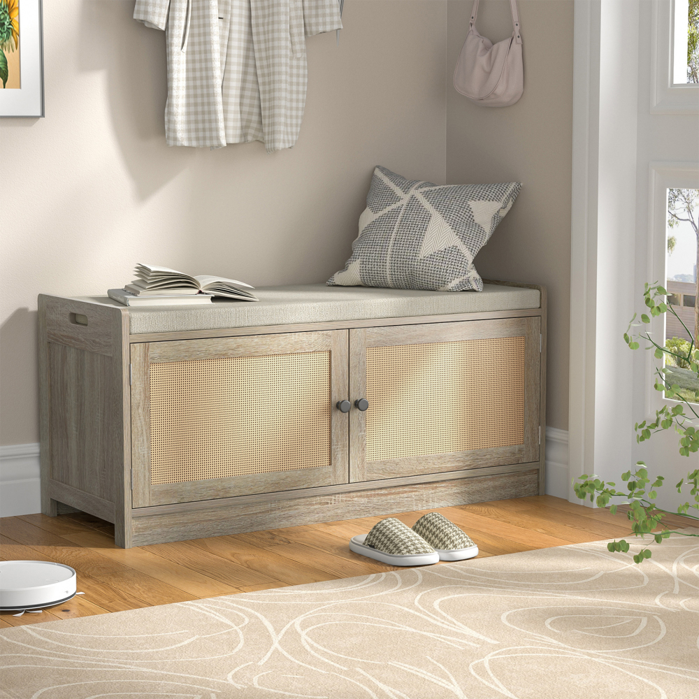 Anmytek Rattan Shoe Bench, Entryway Bench with Shoe Storage, Wooden Shoe Rack Bench with Cushion Seat