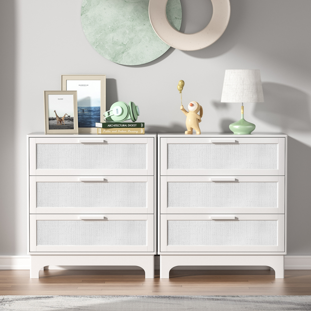 Anmytek 35" H White Rattan Dresser, Farmhouse 3 Drawer Dresser with Natural Rattan Chests for Bedroom
