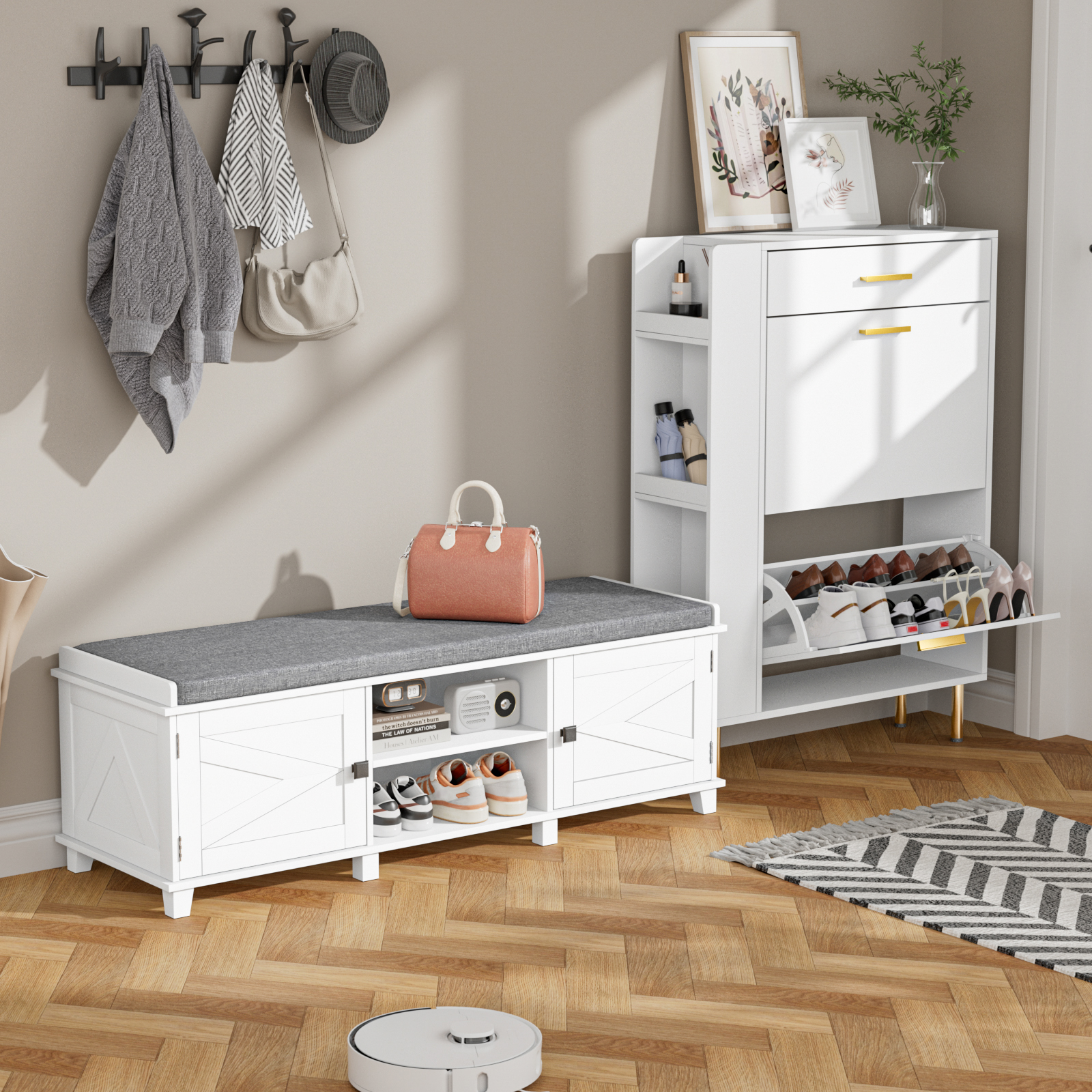 Anmytek Farmhouse White Shoe Storage Bench with Cushion Seat, Wood Storage Bench for Entryways