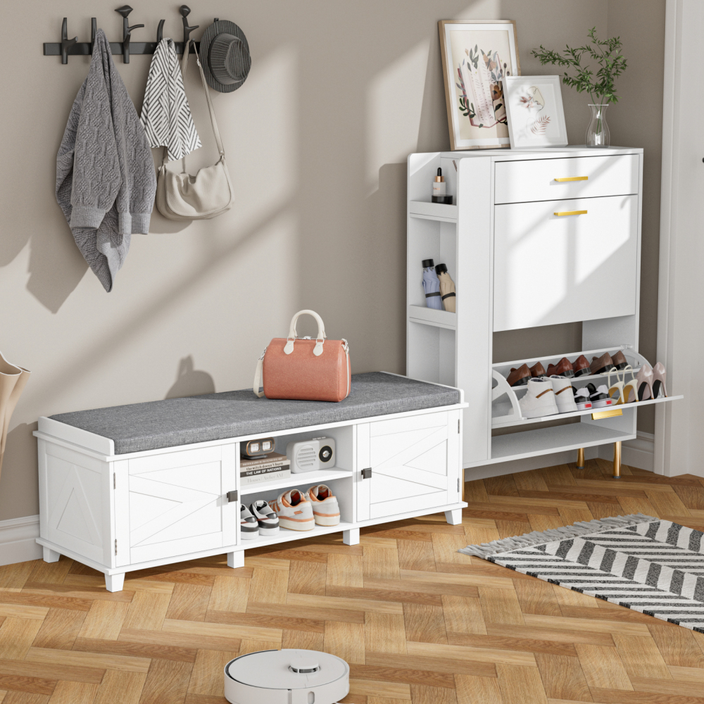 Anmytek Farmhouse White Shoe Storage Bench with Cushion Seat, Wood Storage Bench for Entryways