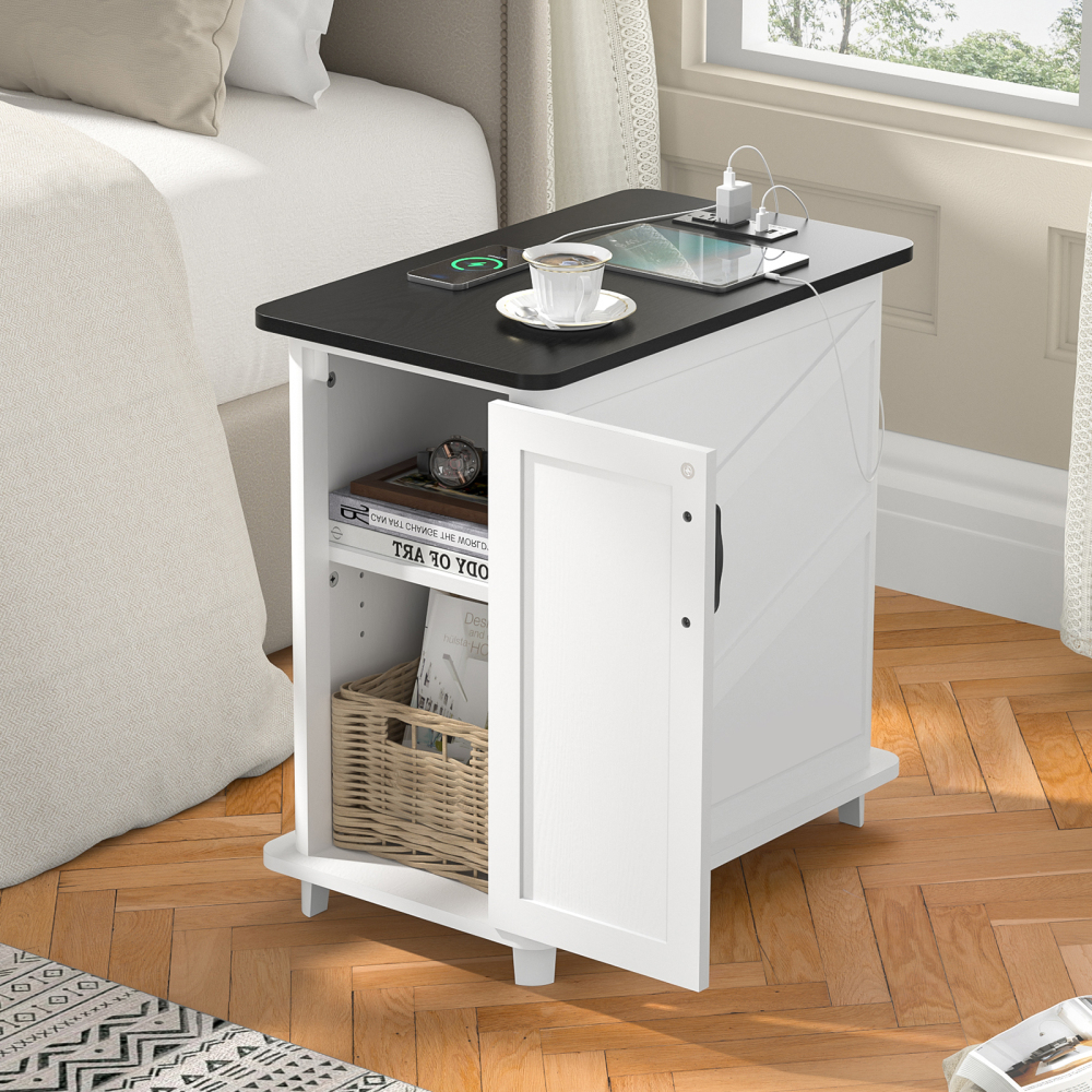 Anmytek Nightstand with Charging Station, Farmhouse End Table, Wood Side Table for Bedroom