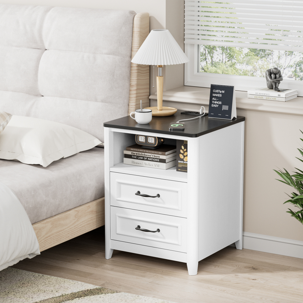 Anmytek Nightstand wtih Charging Station, Farmhouse End Table with 2 Drawers Storage
