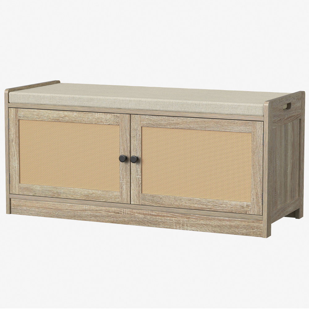 Anmytek Rattan Shoe Bench, Entryway Bench with Shoe Storage, Wooden Shoe Rack Bench with Cushion Seat